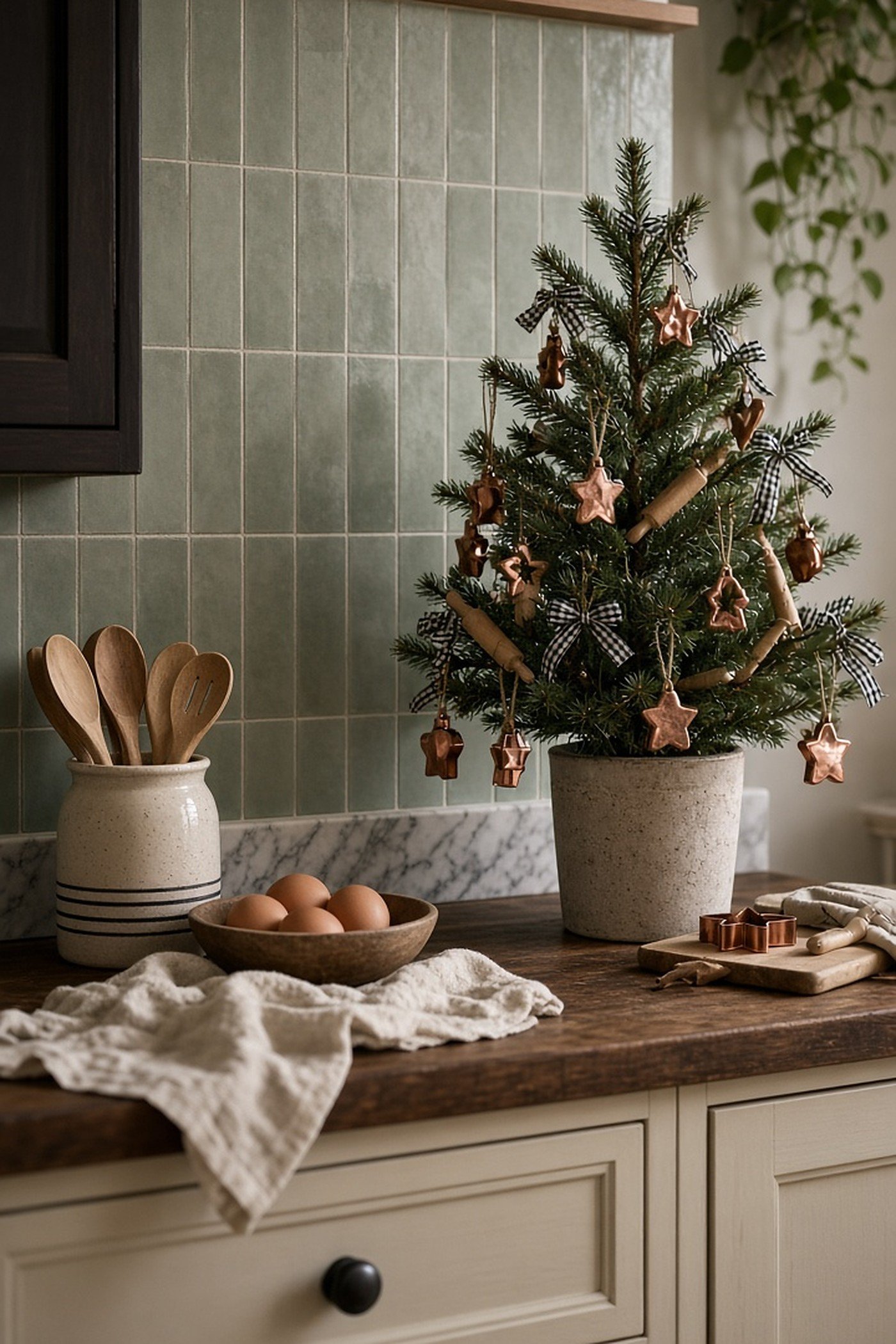 Small kitchen Christmas tree decorated with copper cookie cutters, mini rolling pins and gingham ribbon
