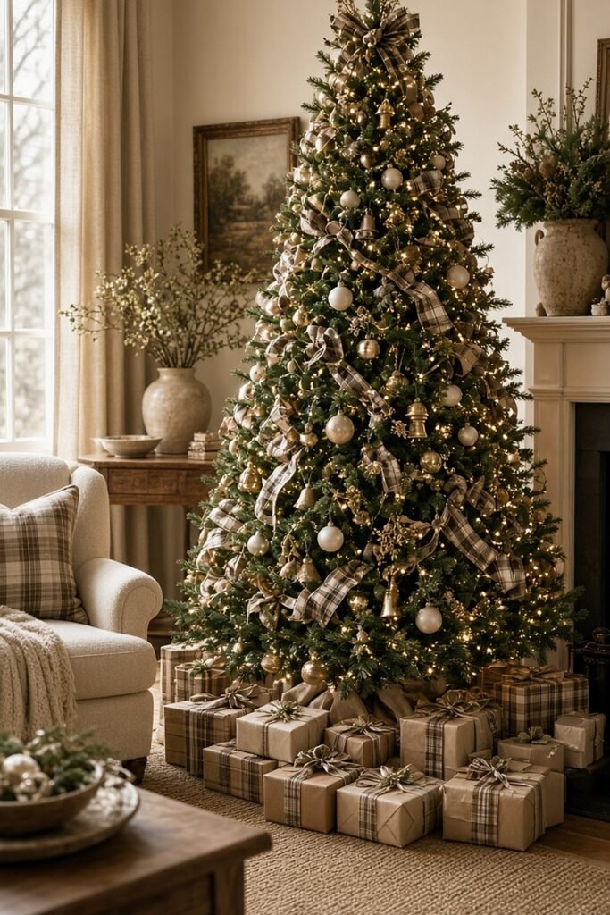 Cozy Christmas tree decorated with cream and gold ornaments, plaid ribbon and kraft paper gifts in a neutral living room