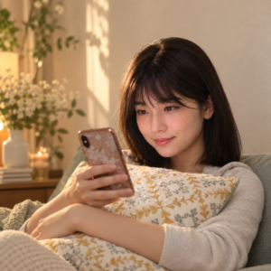 Clara smiling at her phone on a sage sofa