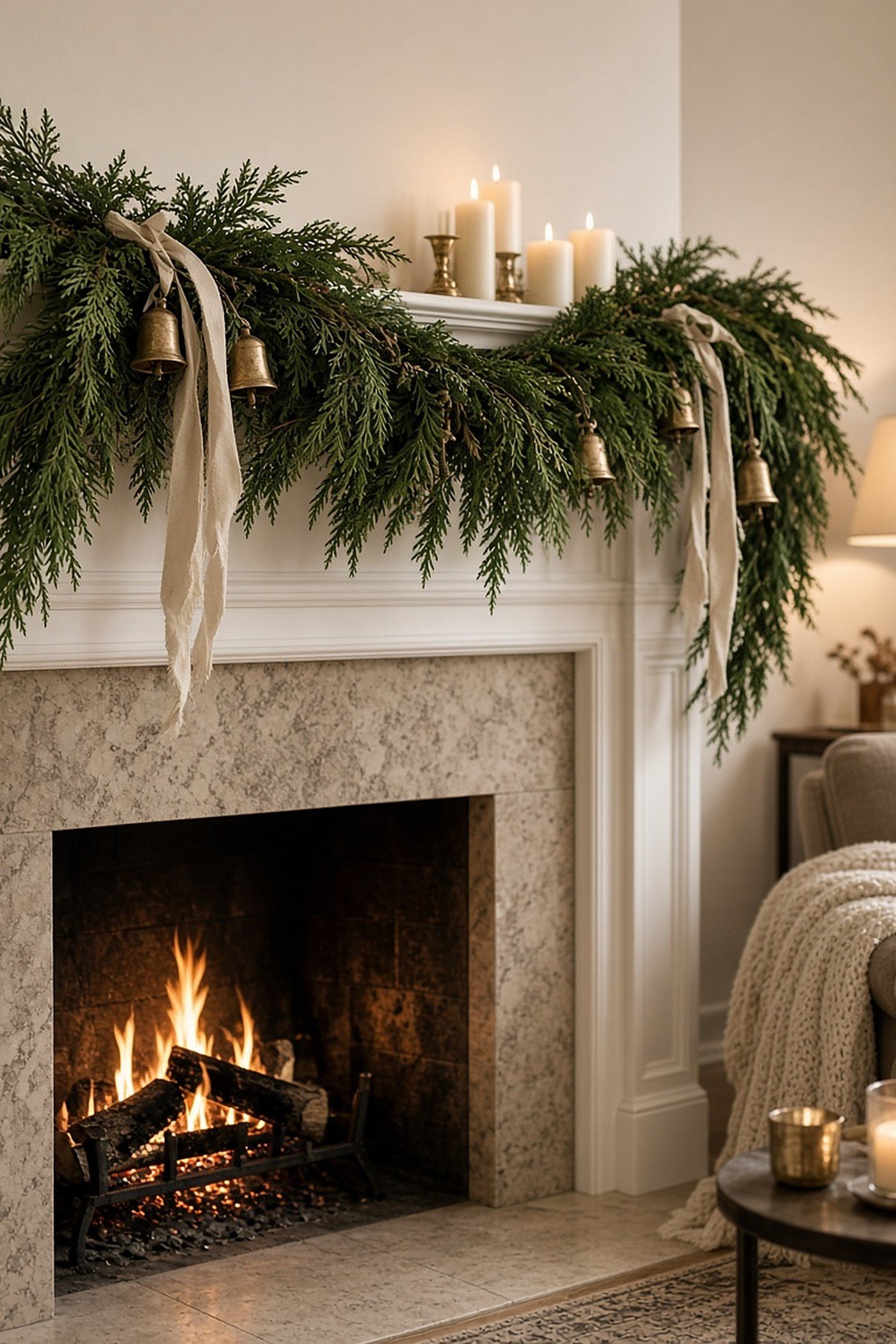 Layered evergreen garland draped over a white fireplace mantel with brass bells and cream ribbon