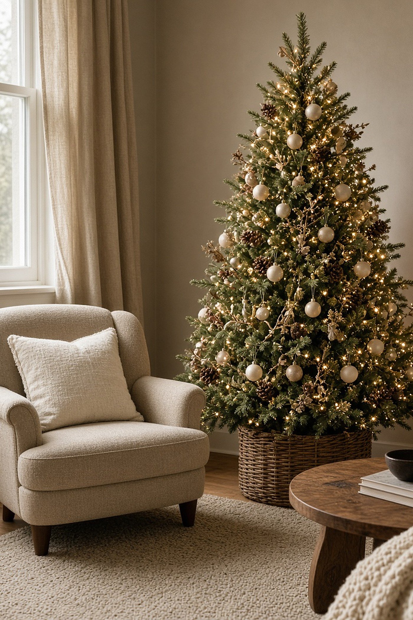 Neutral Christmas tree with cream ornaments and natural pine cones in a small living room beside a beige armchair