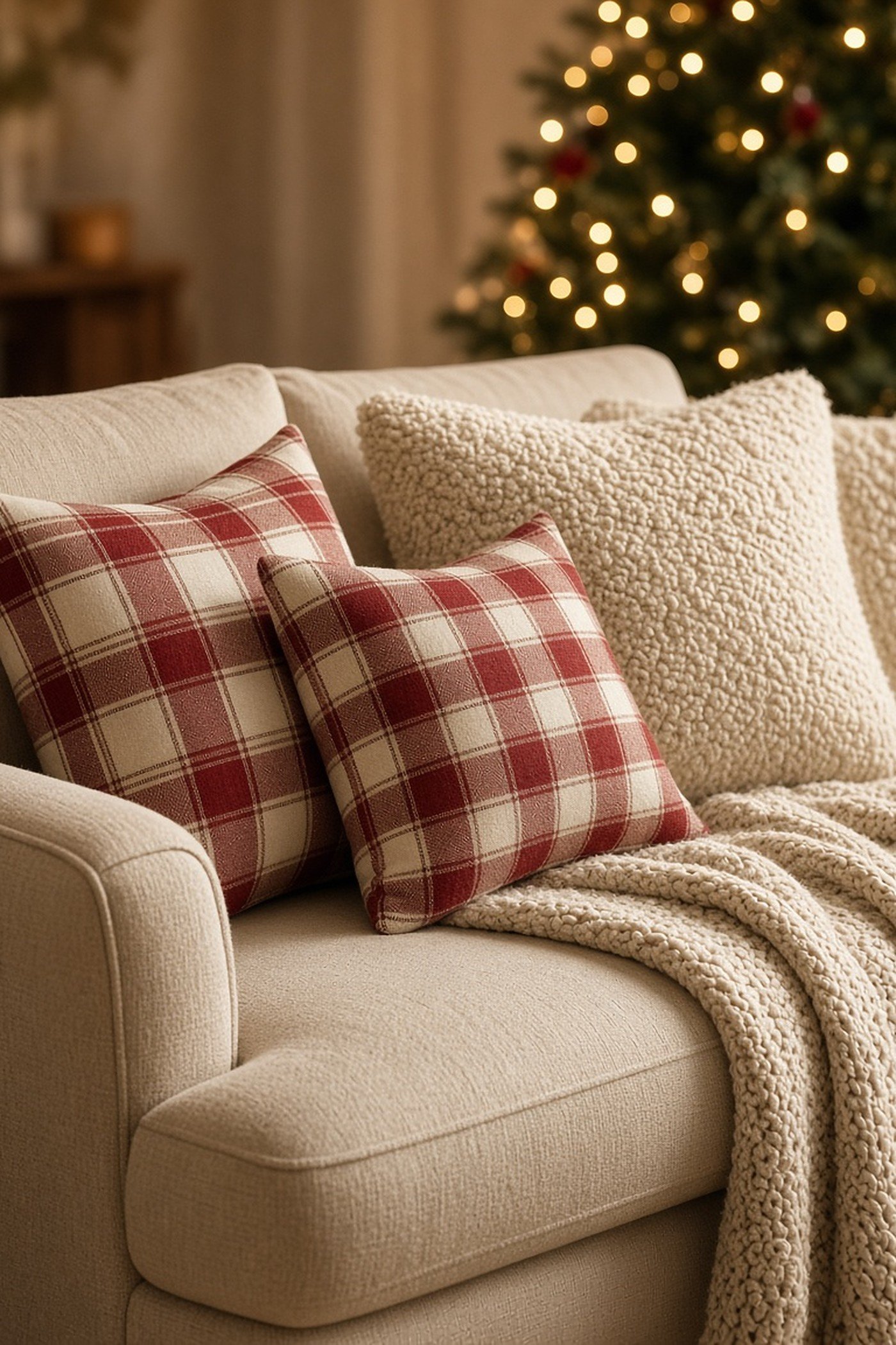 Red and cream plaid throw pillows mixed with ivory boucle pillows on an oatmeal linen sofa with a knit blanket