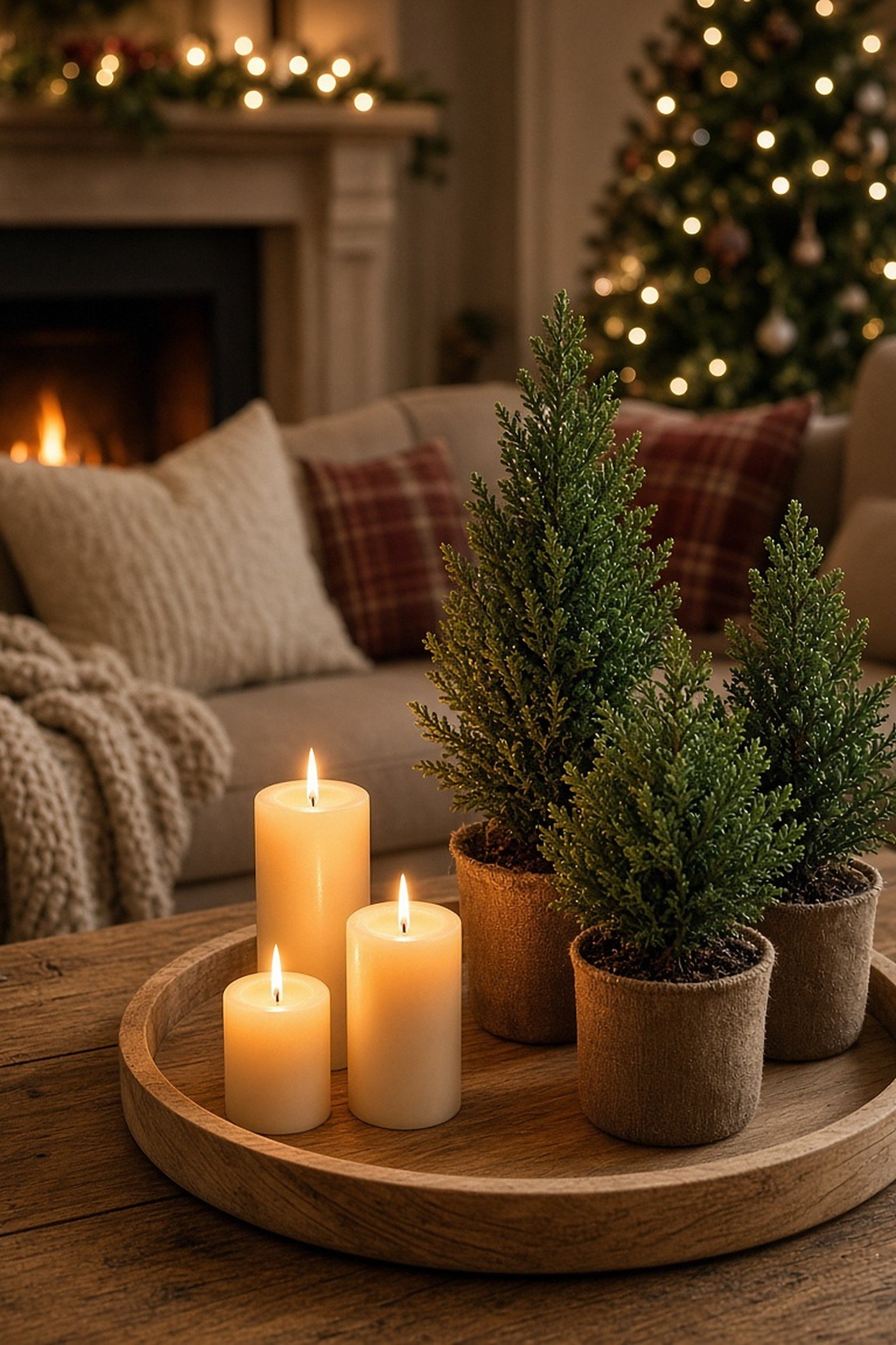 Wooden coffee table tray with lit pillar candles and three mini potted cedar trees in a cozy Christmas living room