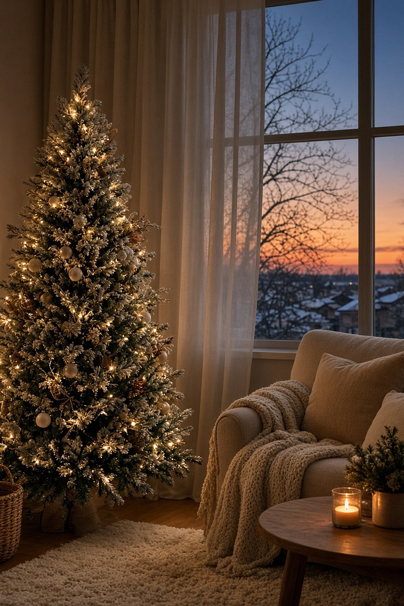 Flocked white Christmas tree wrapped in warm fairy lights beside a large window at dusk in a cozy living room
