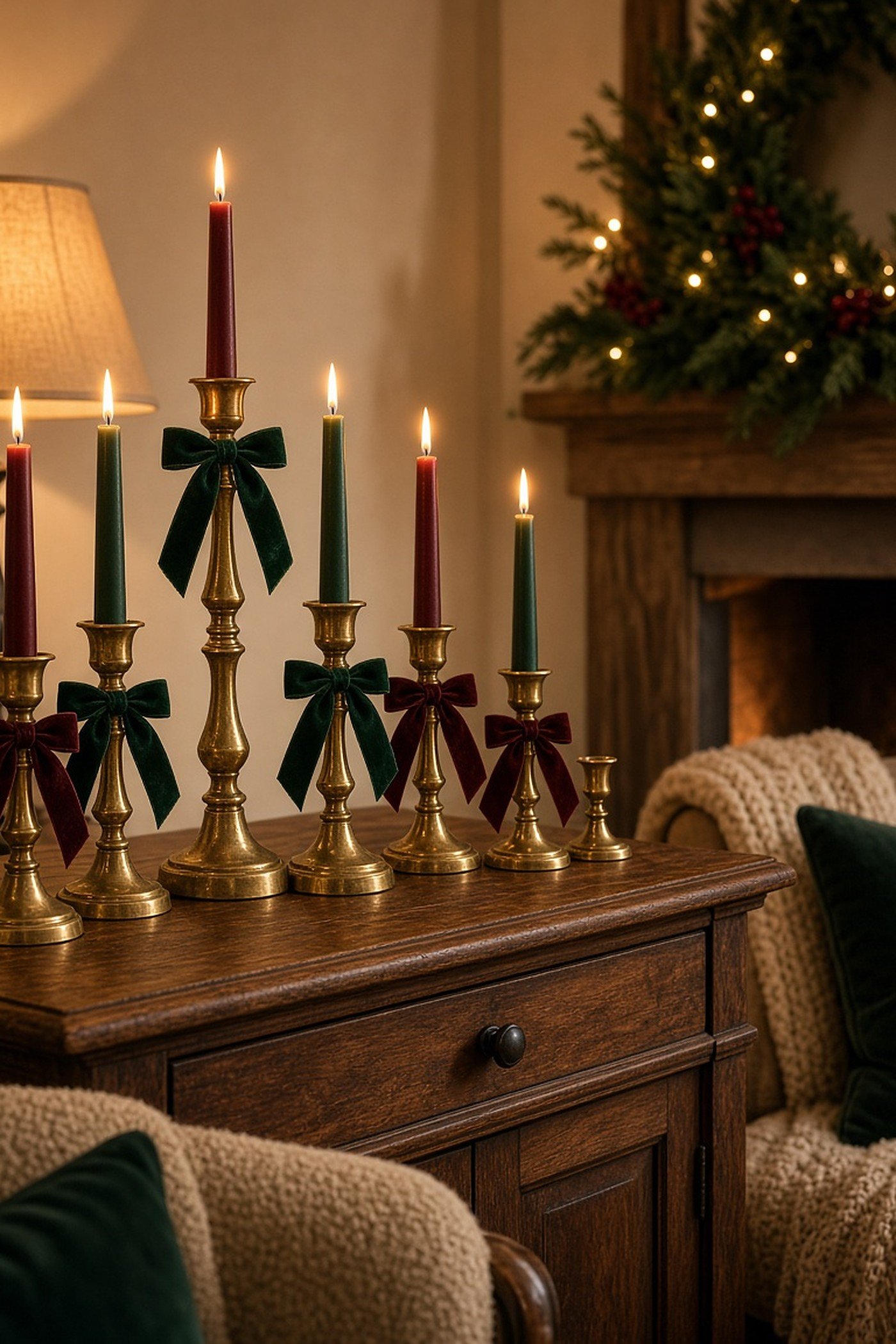 Thrifted vintage brass candlesticks with red and green taper candles tied with velvet ribbon bows on a wooden sideboard
