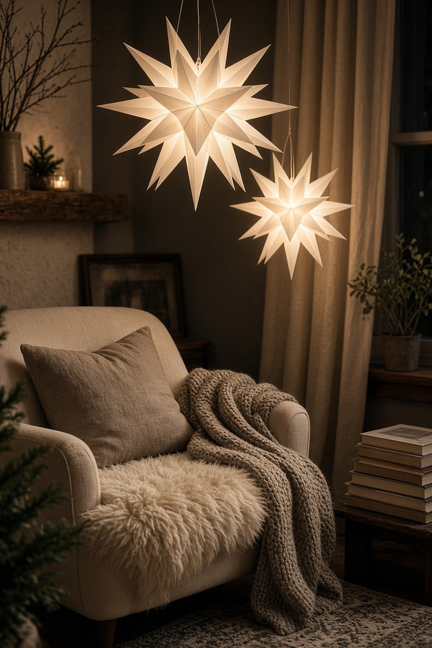 Glowing white paper star lanterns hanging over a cozy reading nook armchair with sheepskin, knit blanket and stack of books