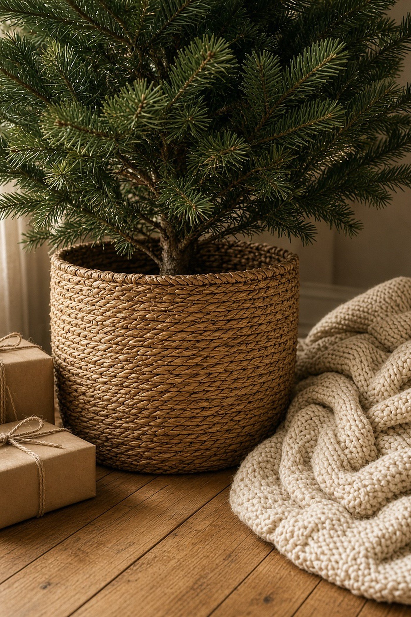 Christmas tree in a rustic woven seagrass basket tree collar with a chunky cream knit blanket and kraft paper gifts