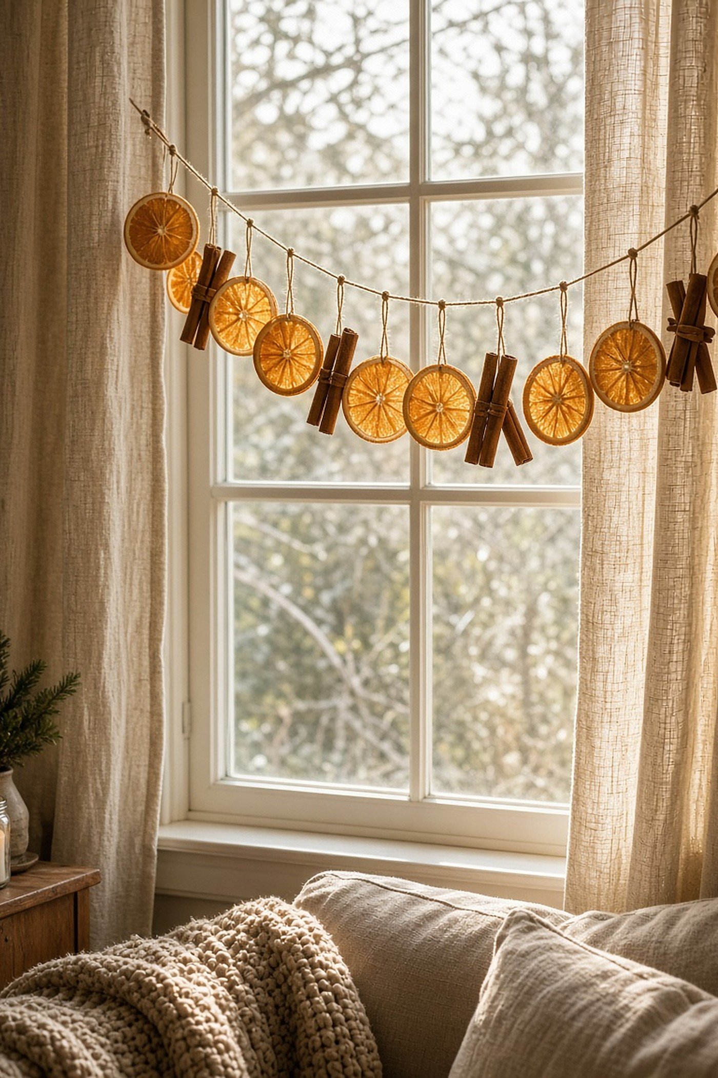 Homemade dried orange slice and cinnamon stick garland hanging across a sunny living room window with linen curtains