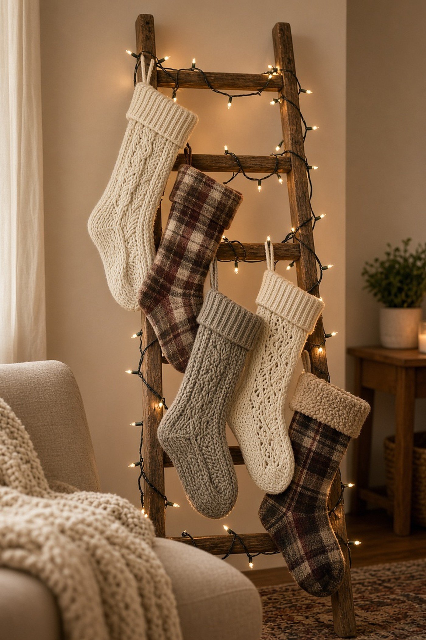Knit and plaid Christmas stockings hanging from a leaning wooden blanket ladder wrapped in string lights