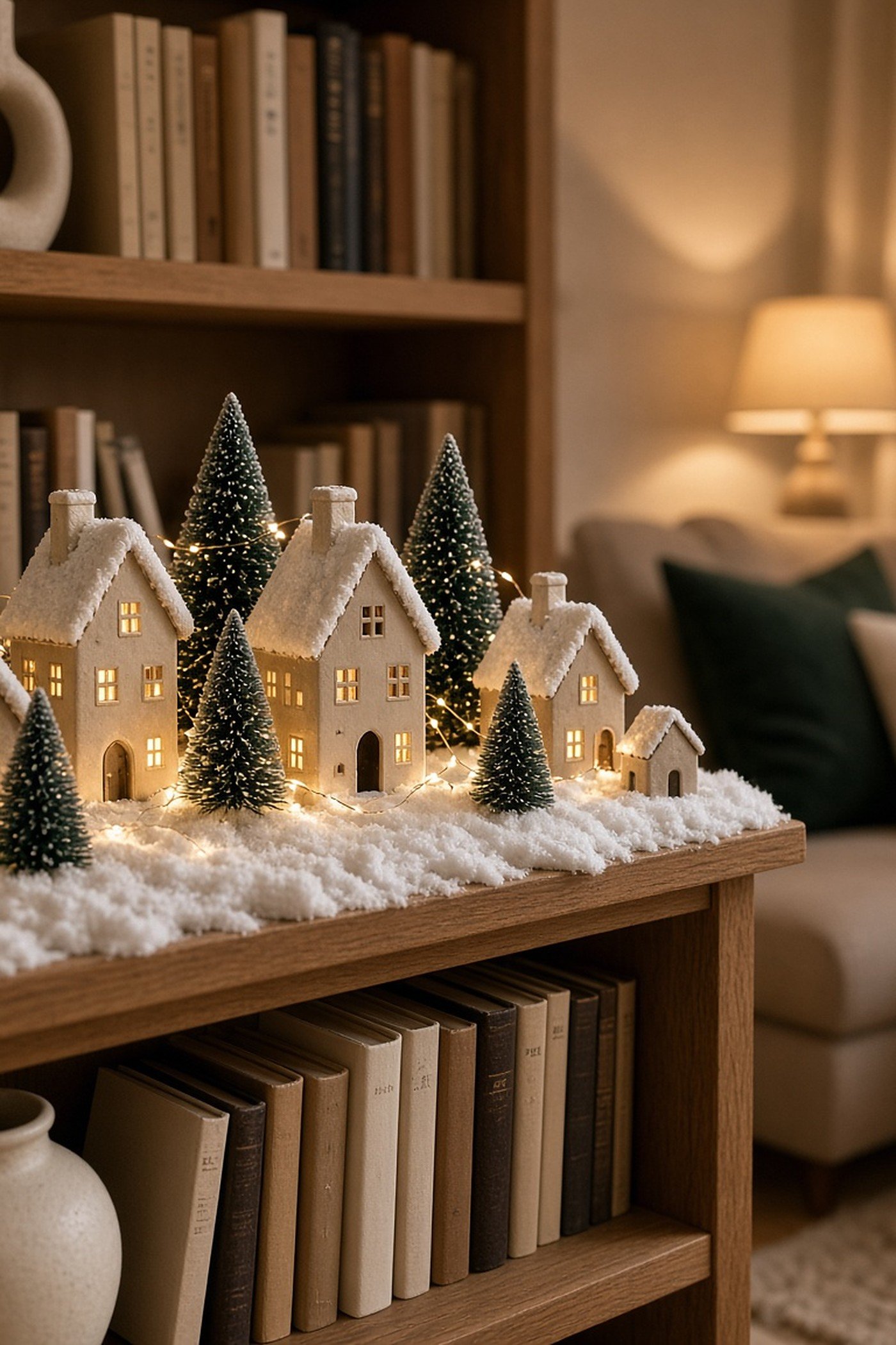 Miniature white ceramic Christmas village houses with bottle brush trees and fake snow on a living room bookshelf