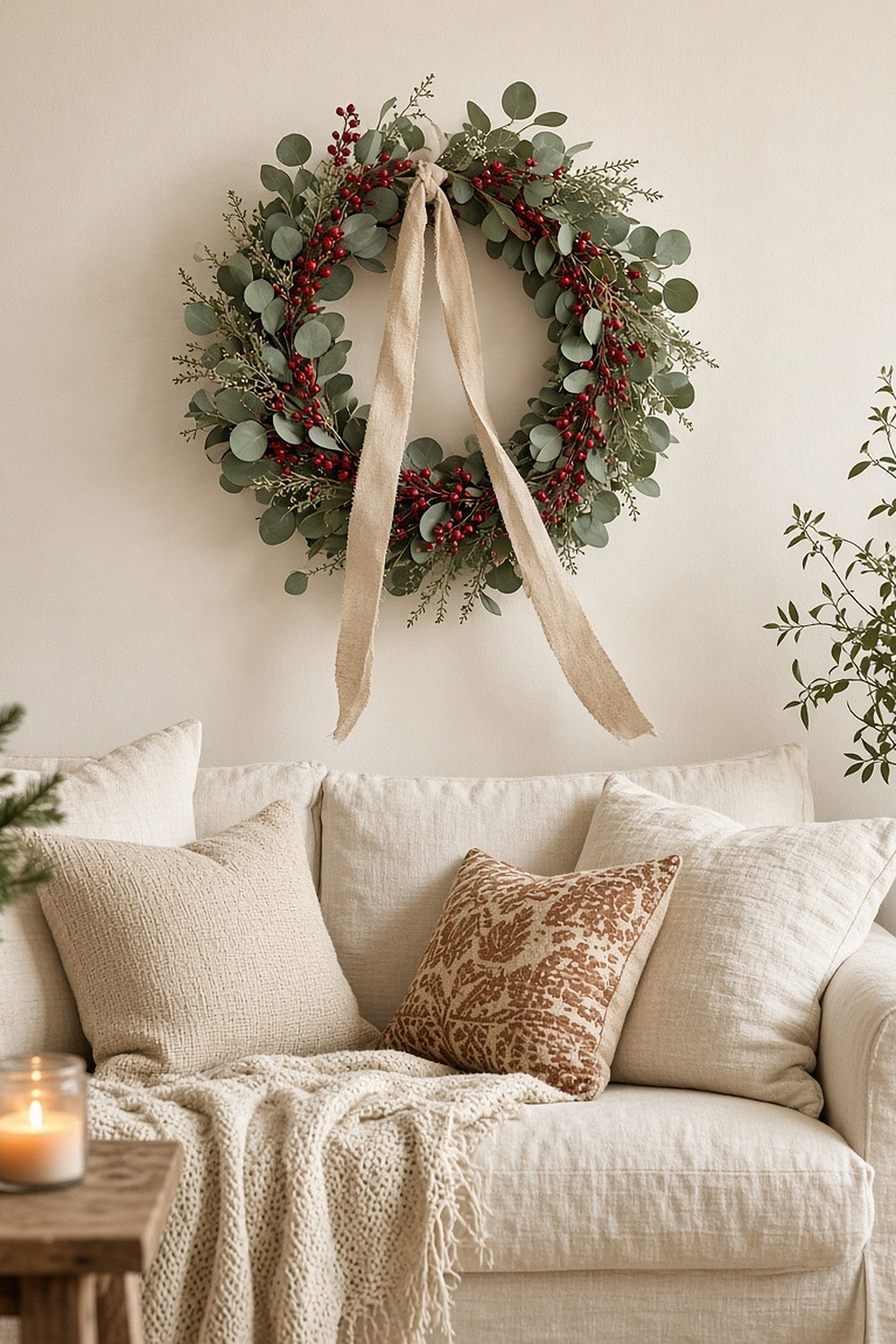 Eucalyptus and red berry wreath with linen ribbon hung above a cream linen sofa on a warm white wall