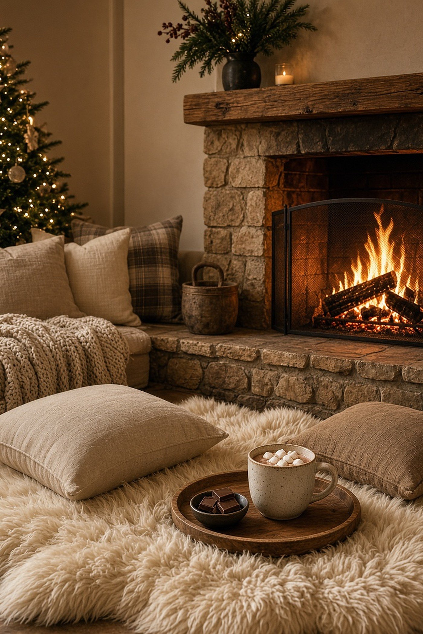 Faux fur rug with linen floor cushions and a tray of hot cocoa in front of a glowing stone fireplace