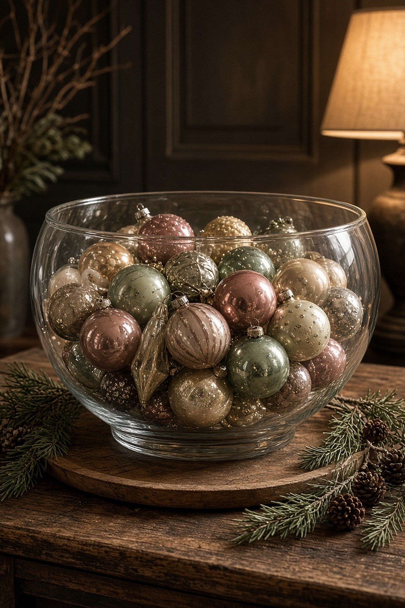 Vintage glass Christmas ornaments in soft pink, green and gold piled in a large glass bowl on a wooden console table