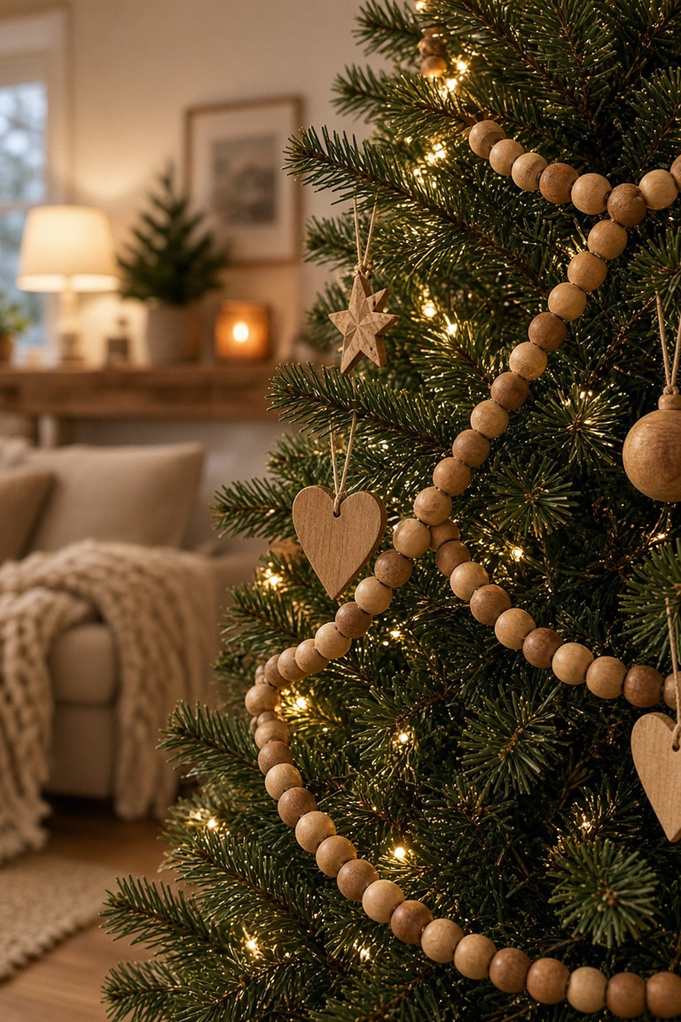 Natural wooden bead garland draped on a green Christmas tree with warm lights and wooden heart and star ornaments