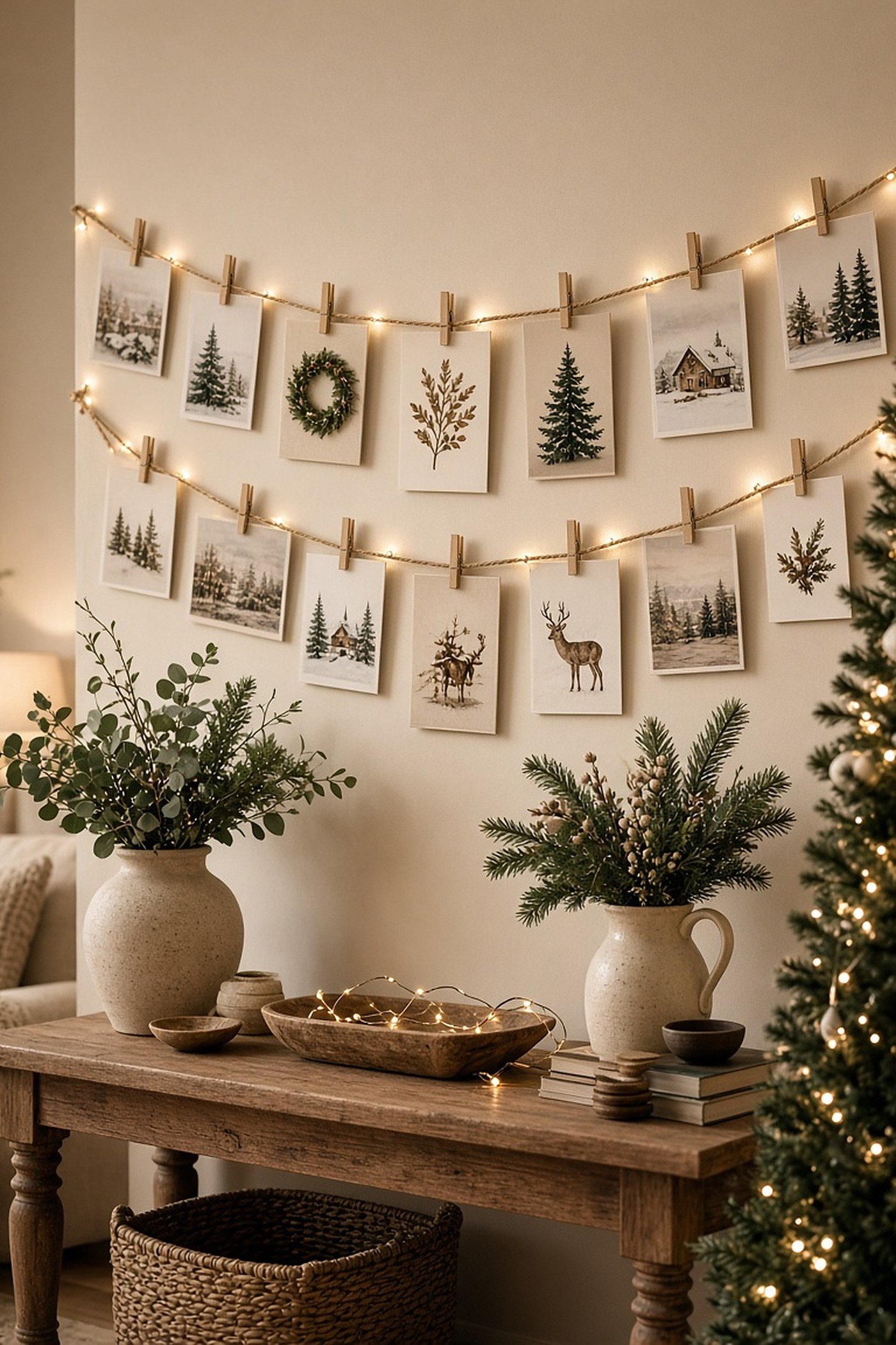 Christmas cards clipped with mini wooden clothespins on jute twine and fairy lights above a rustic console table