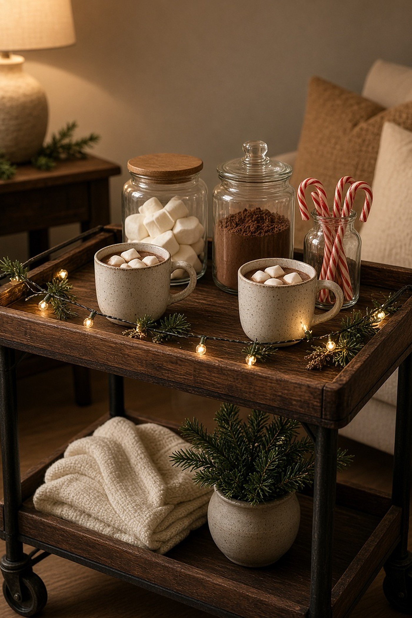 Wooden bar cart hot cocoa station with mugs, marshmallow jars, cocoa, candy canes and string lights in a living room corner