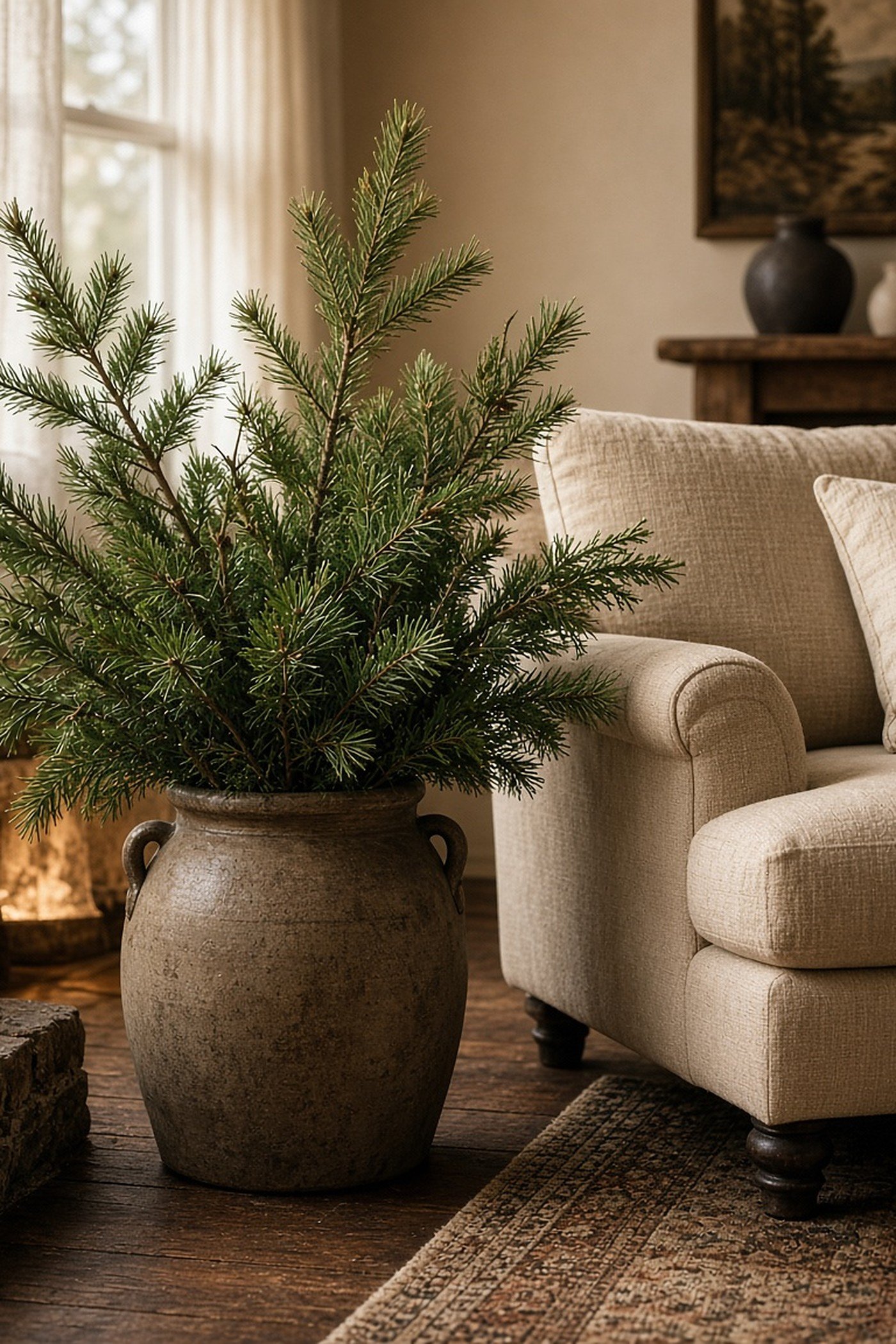 Tall fresh pine branches arranged in a large rustic stoneware crock beside a cream linen armchair