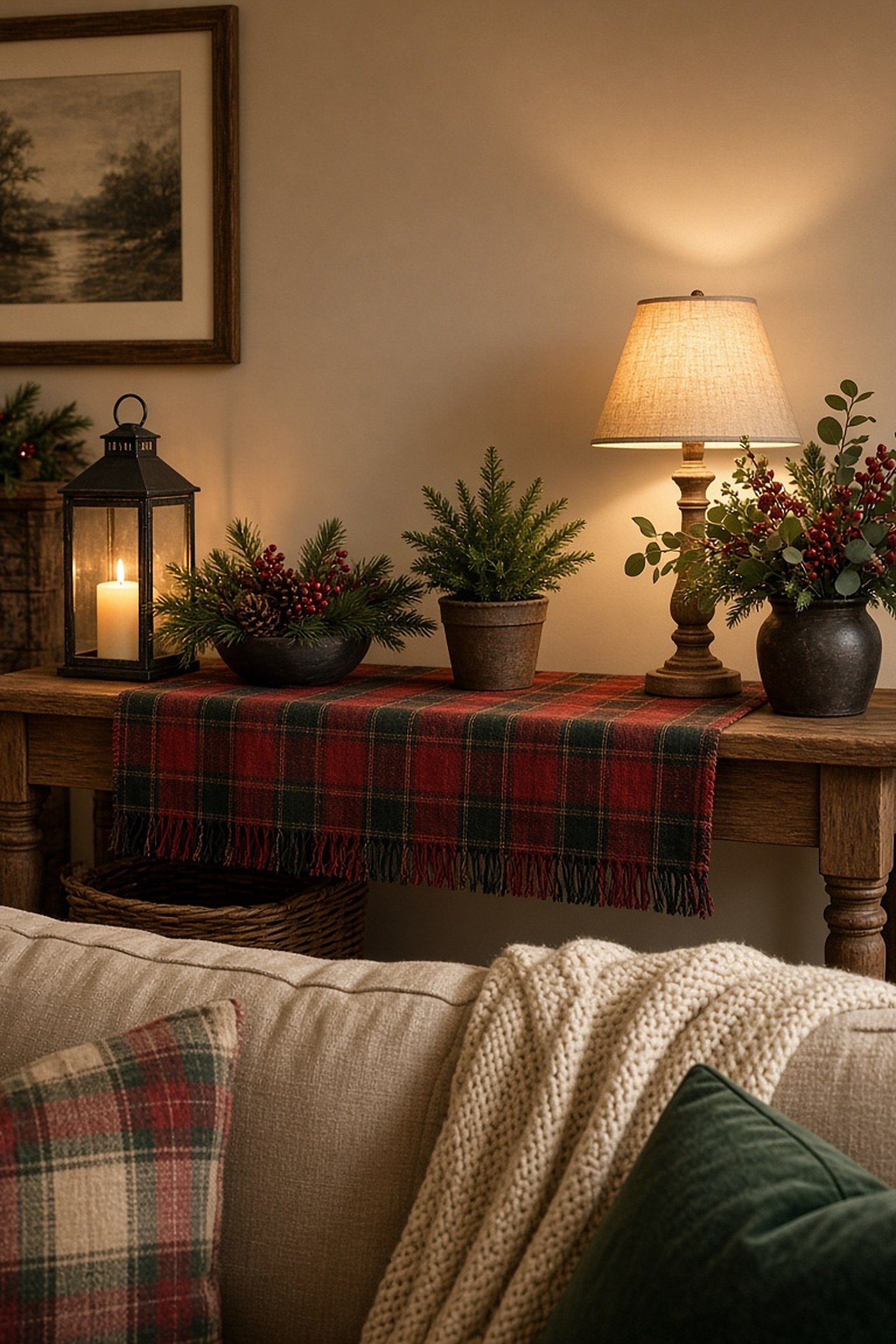 Wooden console table behind a sofa styled with a red and green tartan plaid runner, lantern, greenery and lamp