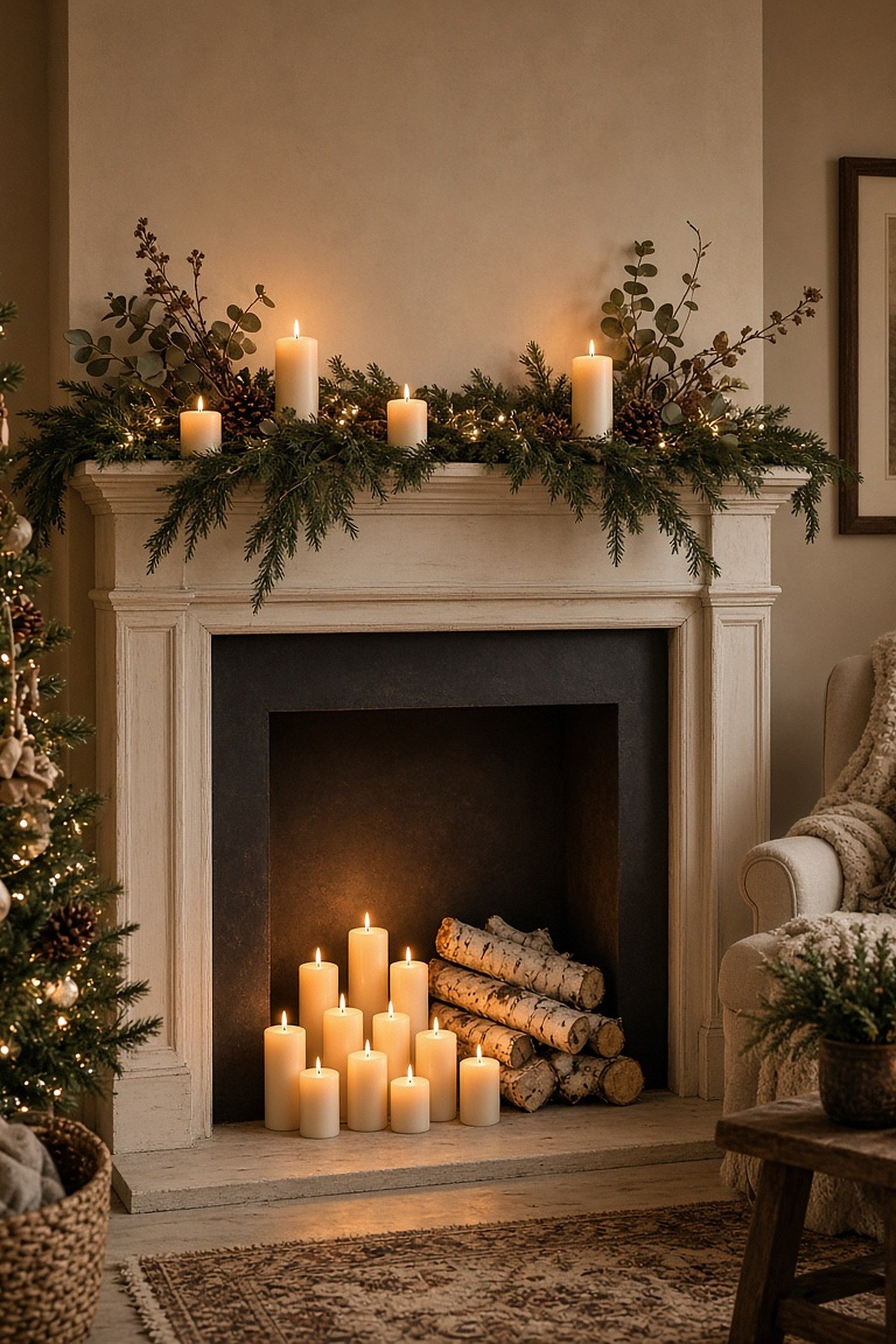 Faux fireplace mantel with glowing pillar candles and birch logs in the firebox topped with greenery garland