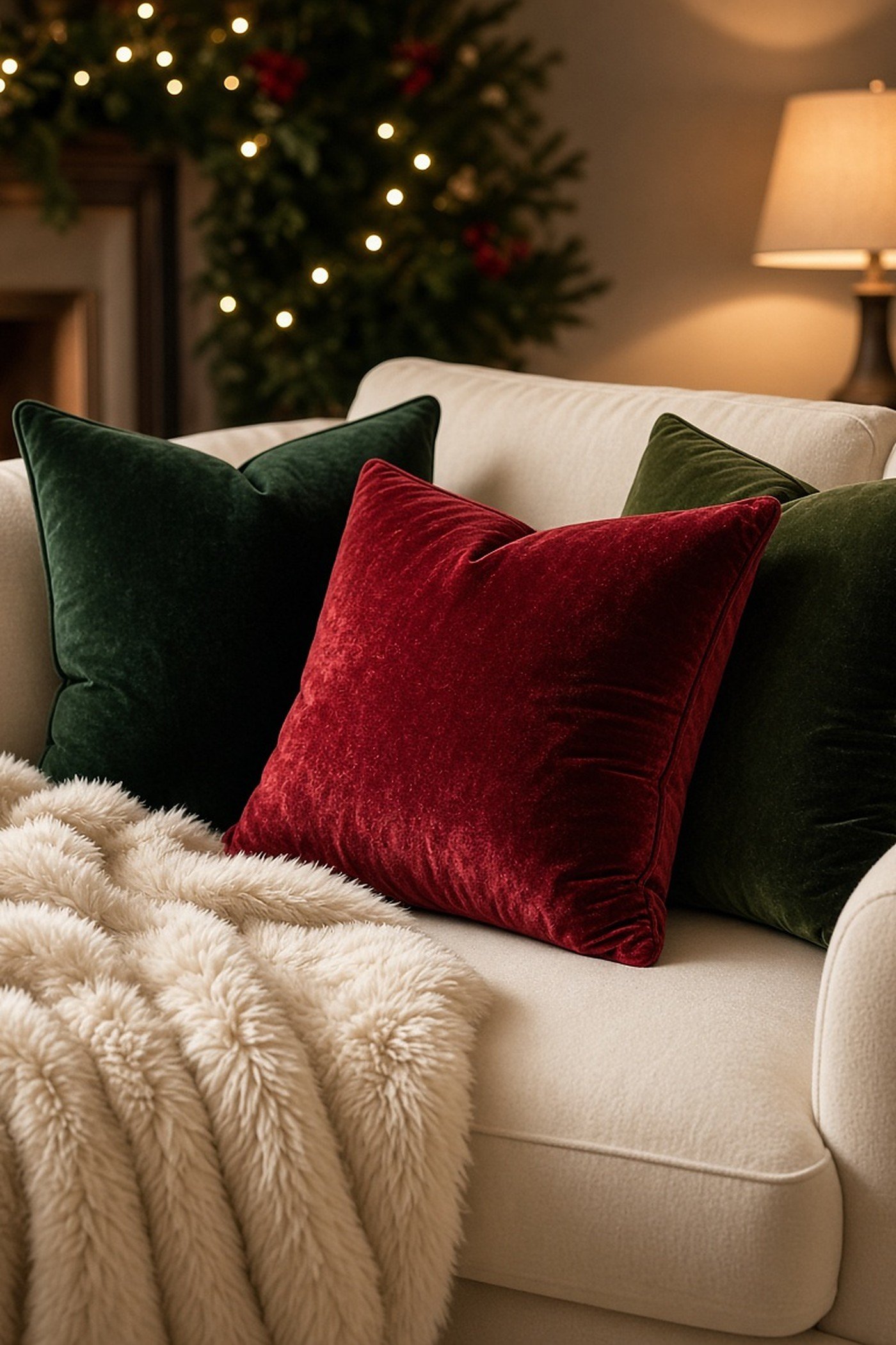 Deep red and forest green velvet pillow covers on a cream sofa with a faux fur throw by a Christmas tree
