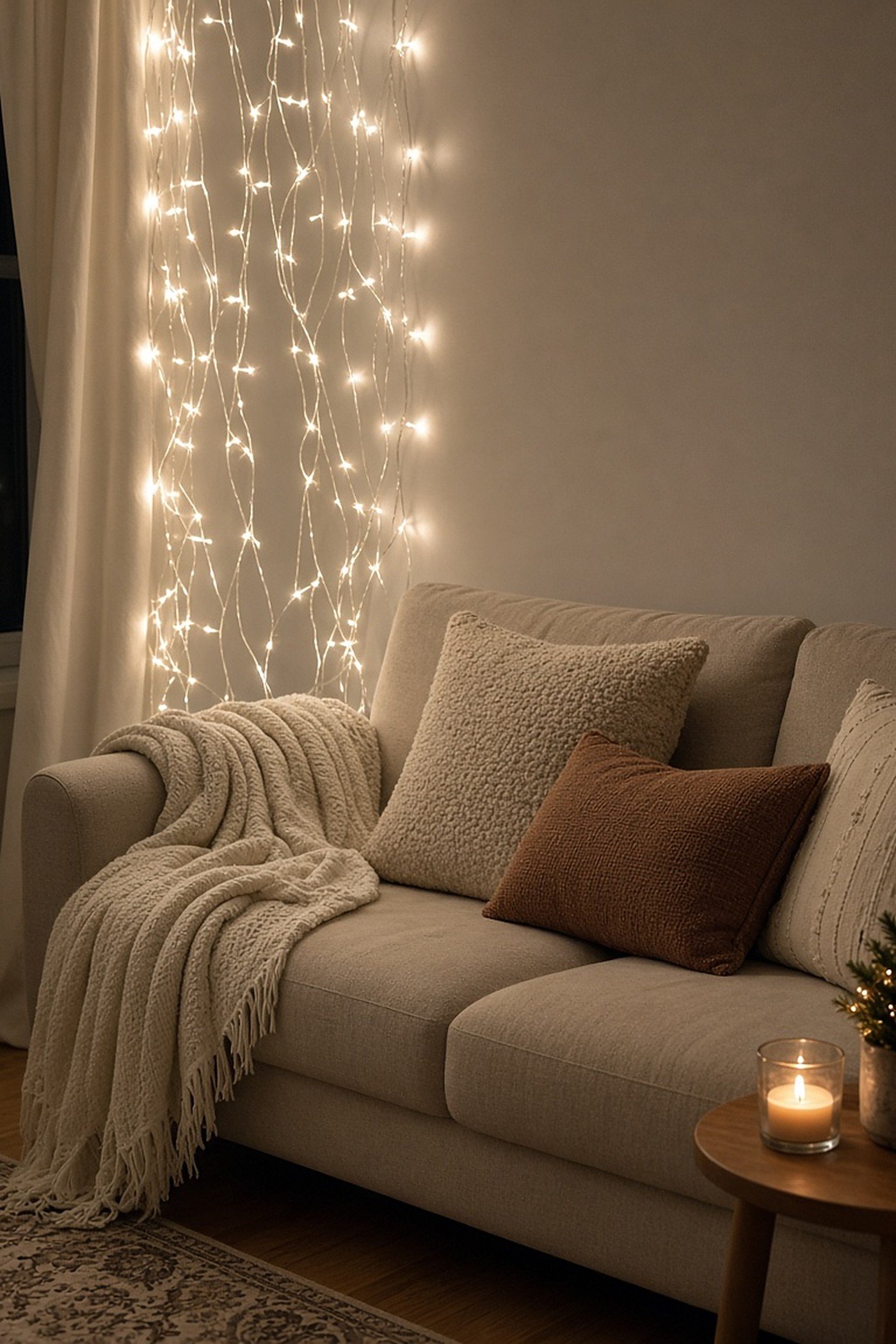 Curtain of warm white fairy lights hanging on the wall behind a cozy beige sofa in a small apartment living room
