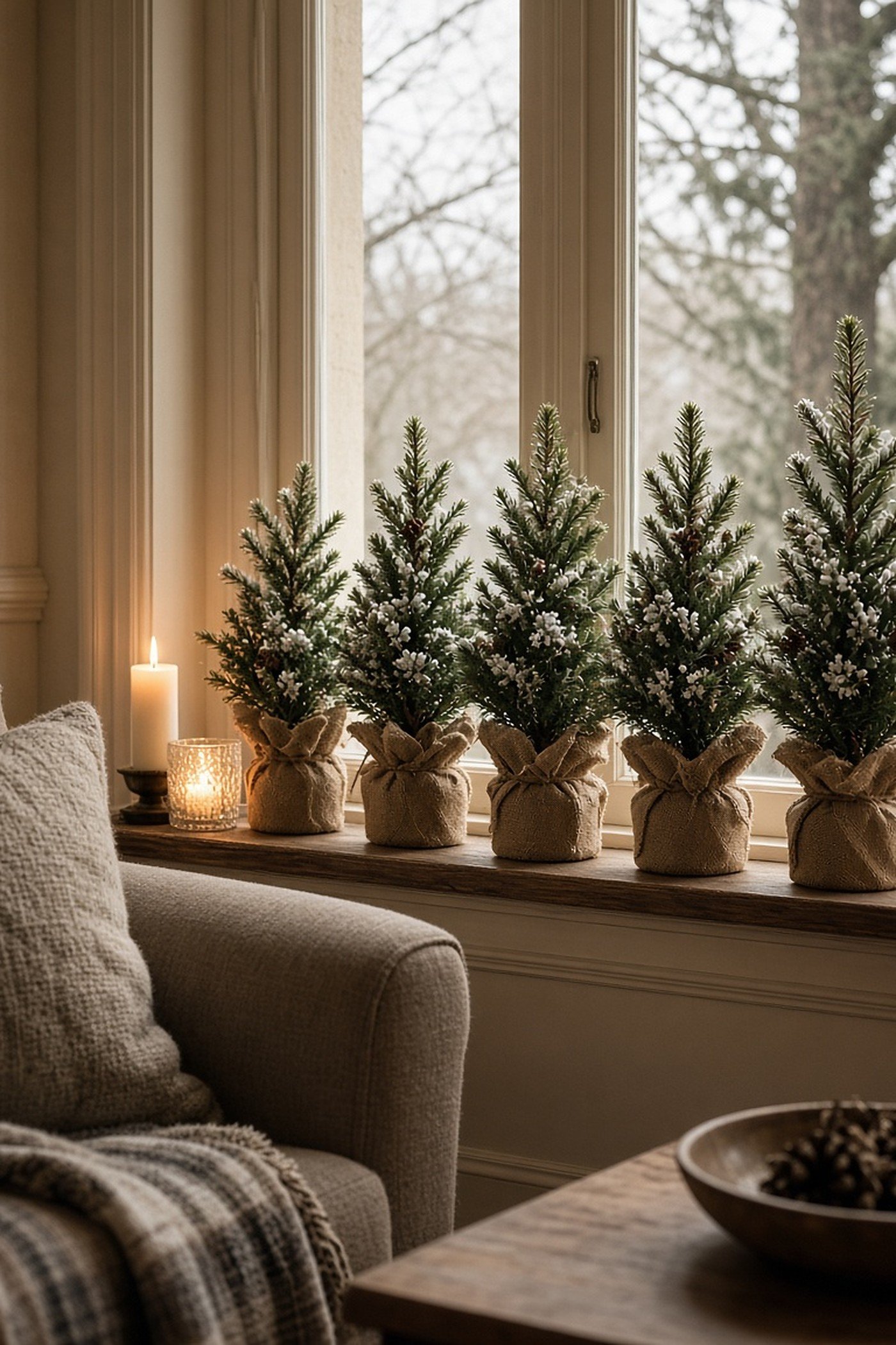 Row of small frosted tabletop Christmas trees in burlap-wrapped pots on a living room windowsill with candles