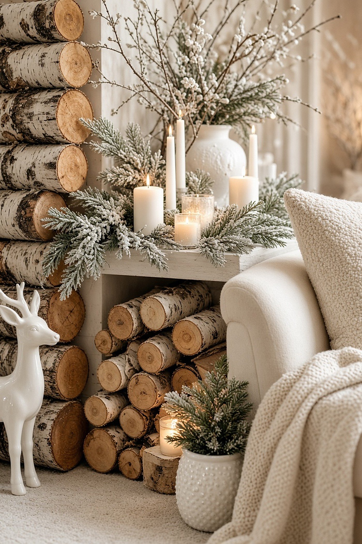 White winter woodland Christmas living room with stacked birch logs, white ceramic deer, frosted greenery and candles