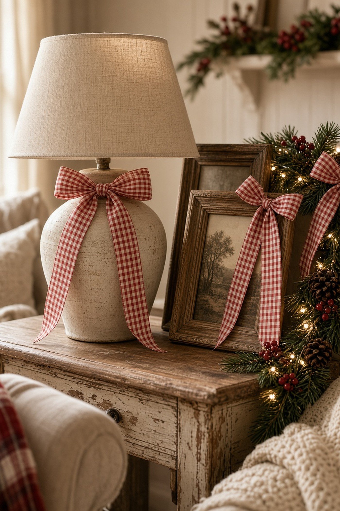 Red gingham ribbon bows tied on a table lamp, picture frames and pine garland in a cozy cottage Christmas living room