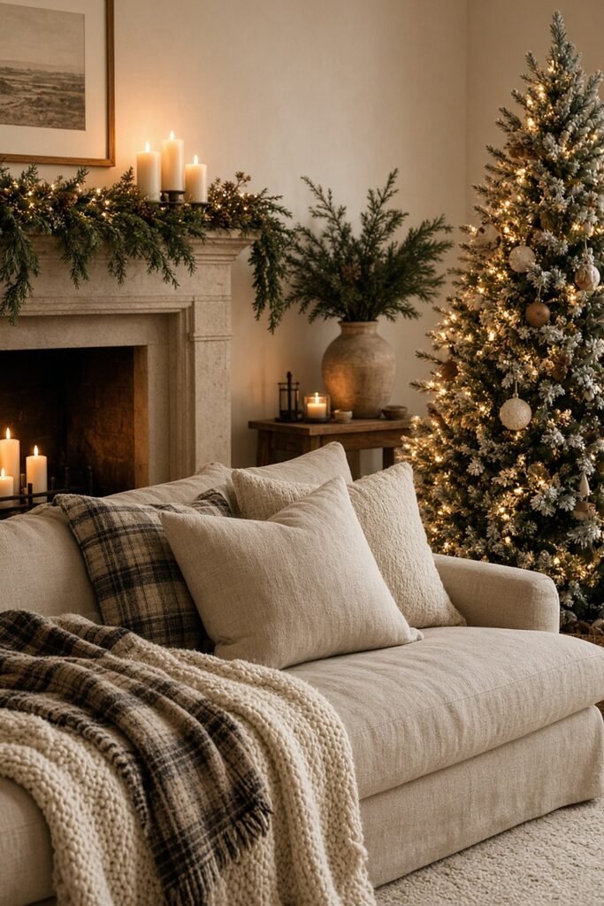 Cozy Christmas living room on a budget with linen sofa, plaid throws, flocked tree and evergreen mantel garland
